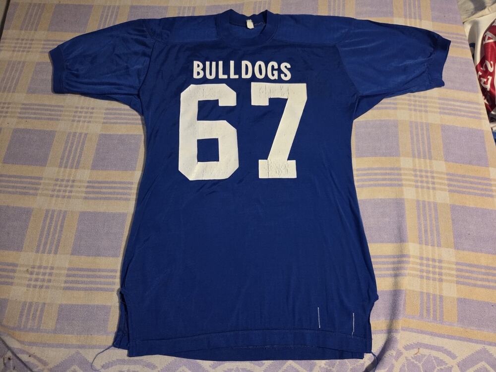 Vintage 60s Butler Bulldogs Game Worn Football Durene Jersey 67 Blue Gusset 70s